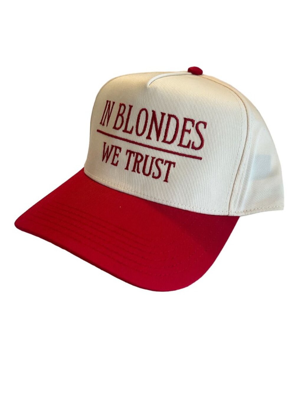 In Blondes We Trust Embroidered Hat Red White Vintage Style Snapback Bas
